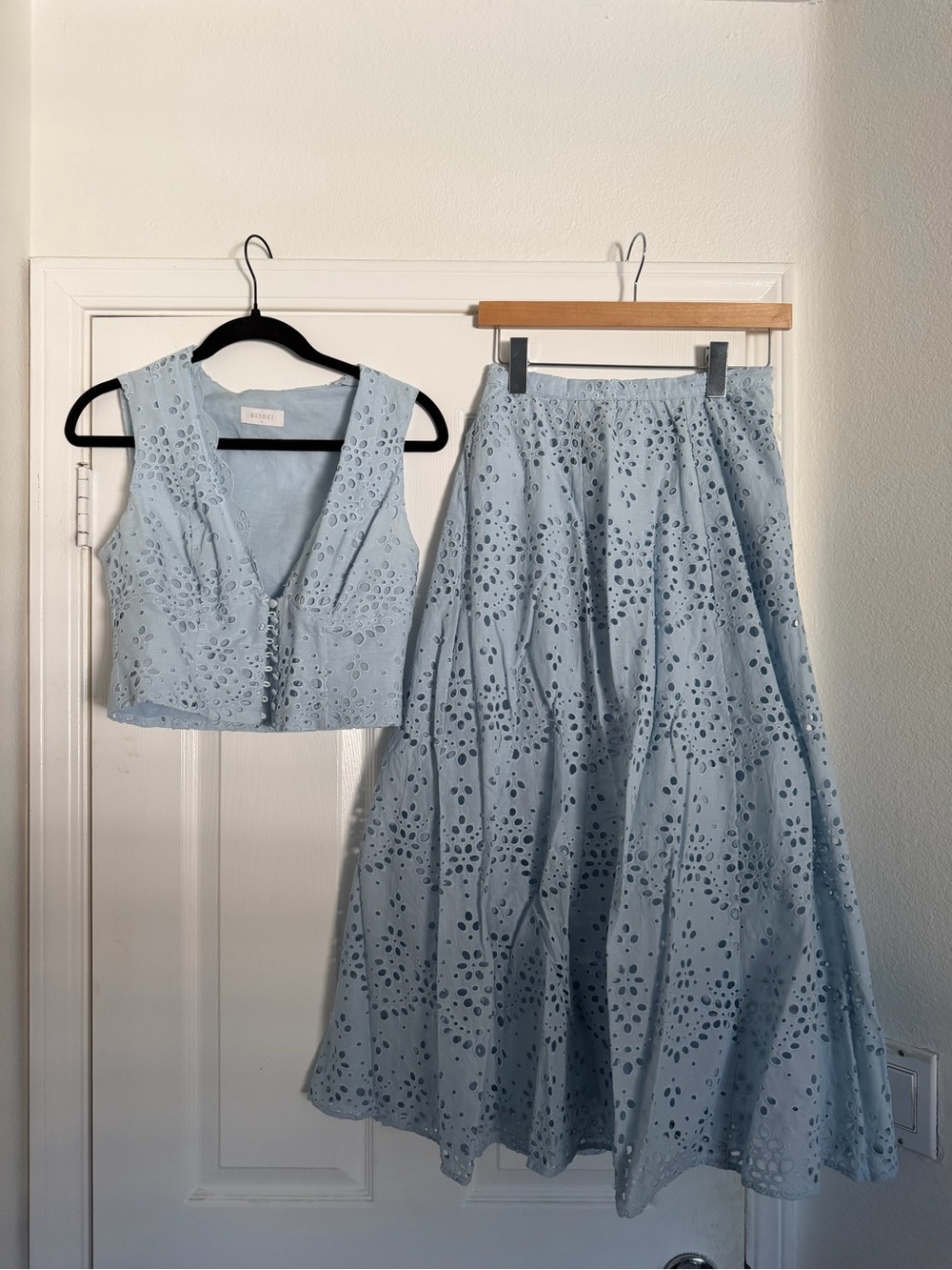 Light Blue Eyelet Midi Skirt